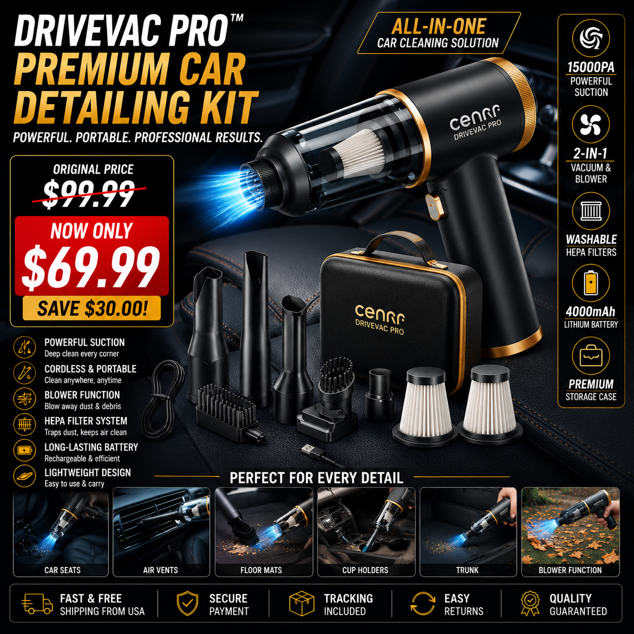 DriveVac Pro™ Kit Premium de Limpieza para Automóvil